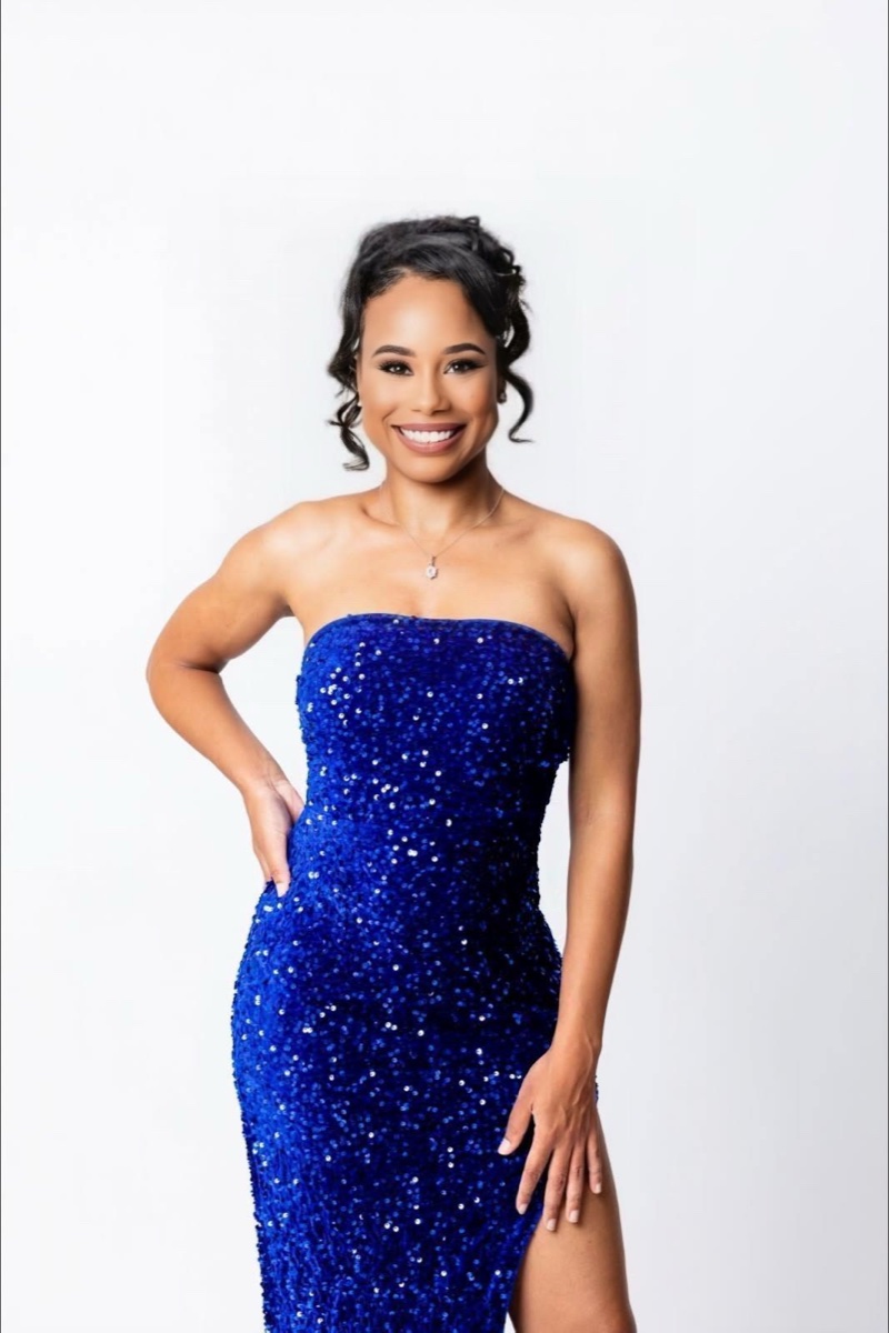 Jada in a royal-blue gown — studio portrait