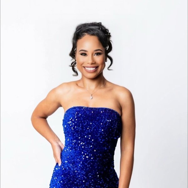 Royal-blue sequin studio portrait